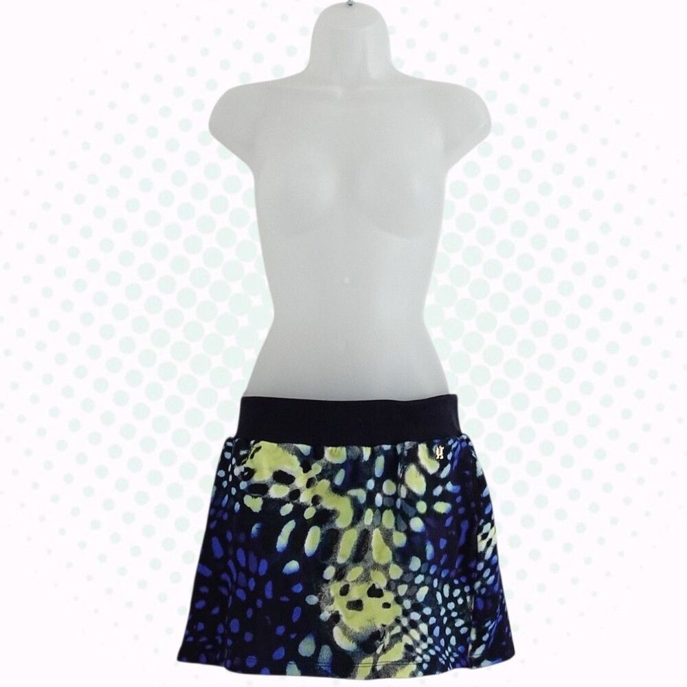 Vintage John Galliano Blue & Yellow 2000s Y2K Abstract Print Low Rise Mini Skirt